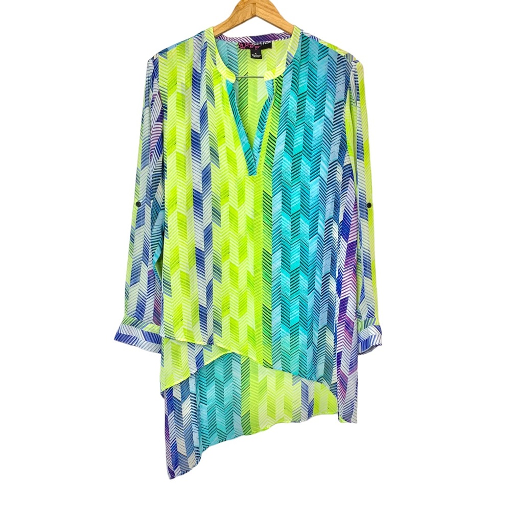 PECK & PECK Bright Asymmetrical Hem Geometric Long Sleeve Tunic Sz XL